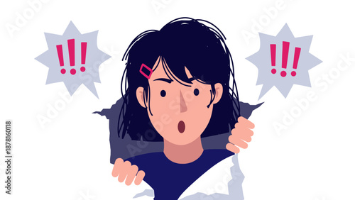 A shocked young woman with dark hair dramatically peeks through torn paper, expressing surprise with two large exclamation marks indicating an urgent announcement or unexpected reveal.