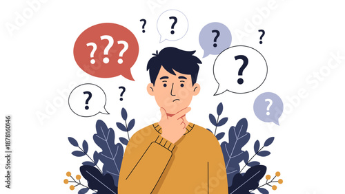 A thoughtful man stands amidst various question marks and thought bubbles, indicating deep confusion, uncertainty, or problem-solving.