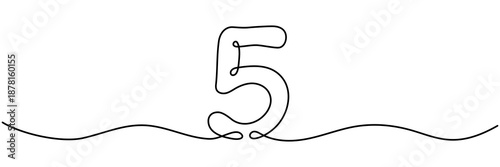 Continuous line drawing of number five in hand drawn style. Single unbroken outline sketch perfect for minimalist mathematical illustrations. Vector illustration isolated on white.