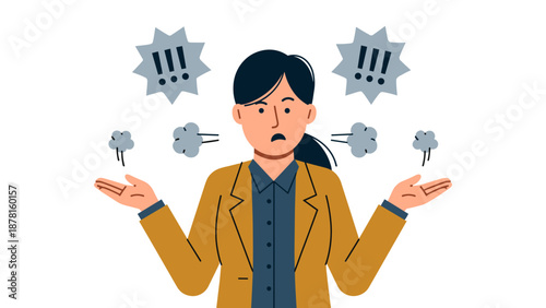 A visibly frustrated woman with her hands open, surrounded by numerous exclamation marks and steam symbols, indicating confusion or stress.