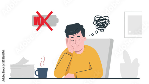 An exhausted man sits at his desk, head in hand, with a low battery symbol and tangled thoughts, depicting burnout and mental fatigue.