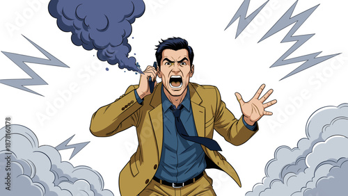 An enraged man shouts into his phone, surrounded by smoke and lightning bolts, depicting a heated argument or crisis call.