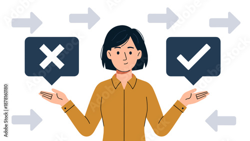 A woman stands with open hands, contemplating a choice between a checkmark for correctness and an 'X' for incorrectness, indicating decision-making.