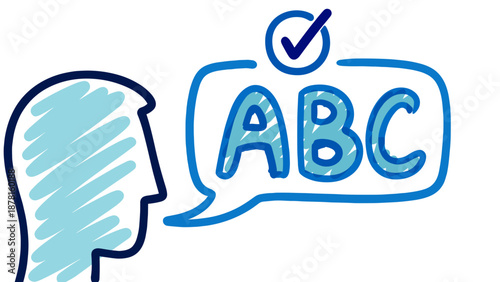 An illustrated profile of a person's head speaking, with a speech bubble displaying "ABC" and a checkmark, symbolizing language learning and successful communication.