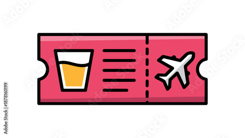 A pink airplane ticket illustration features a beverage cup and an airplane icon, representing travel, holidays, refreshment, and flight journey experiences.