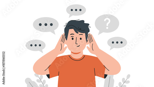 A focused man attentively listens with his hands cupped to his ears, surrounded by speech bubbles.