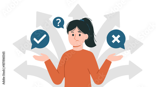 A pensive woman stands amidst diverging arrows, contemplating decisions with symbols of choice, rejection, and doubt.