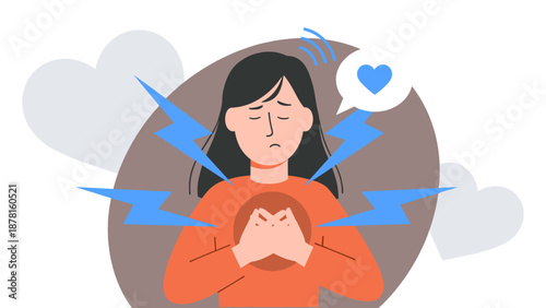A distressed woman experiencing a panic attack or heartache with lightning bolts symbolizing her emotional pain.
