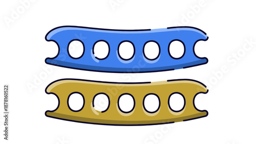 A pair of blue and yellow silicone toe separators used for pedicures and foot alignment.
