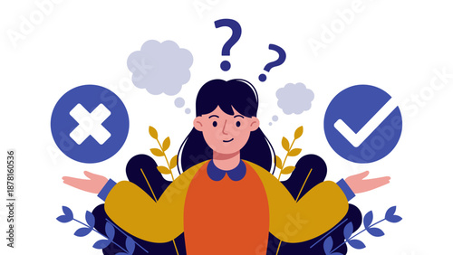 A young woman feeling confused and uncertain while weighing the options between a positive and negative choice.