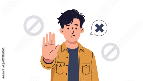 An anxious young man with a stop hand gesture, surrounded by red crosses and prohibited signs, indicating refusal or rejection.