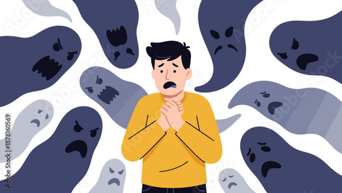 A fearful man clutching his chest, surrounded by an array of menacing dark ghost-like figures, representing anxiety and fear.