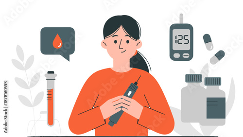 A calm woman surrounded by various medical tools for diabetes management, including a blood glucose monitor and insulin pen.