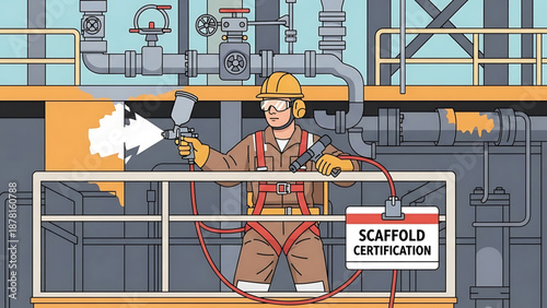 Oil A construction worker wearing a yellow hard hat and safety harness sprays paint on a scaffold in an industrial setting.