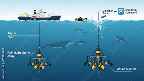 Oil An illustration of a marine seismic survey operation with a ship and underwater equipment