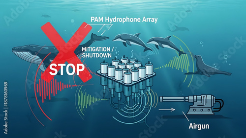 Oil An illustration of a whale and dolphin mitigation strategy for underwater seismic airgun operations