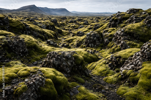 Ultra-realistic Icelandic lava field with moss-covered volcanic rocks, sharp natural textures, soft daylight, untouched nature, professional high-resolution landscape photography.