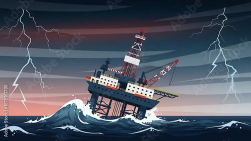 Oil A vector graphic illustration of an offshore oil rig in a stormy sea with lightning