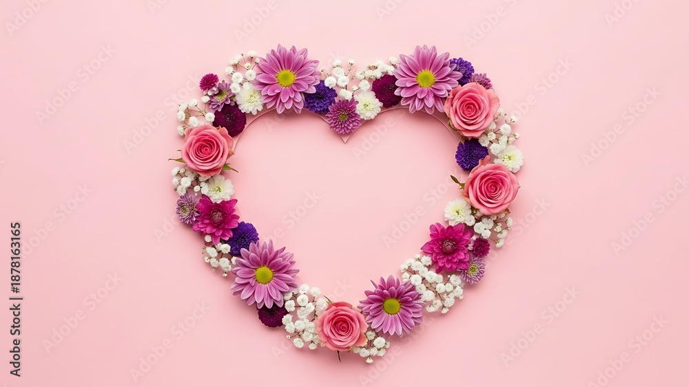 Obraz premium Heart-Shaped Floral Wreath with Pink Roses on Pastel Background