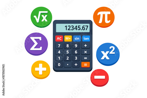 Scientific calculator surrounded by colorful mathematical symbols