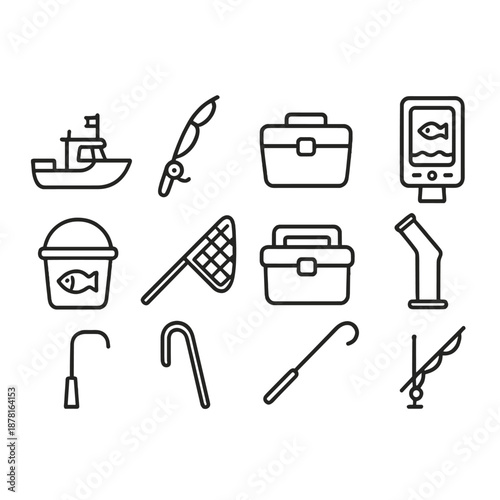 Fishing equipment icons: tackle box, lures, boat, fish finder, net, rod, hook symbols