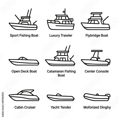 Different types of boats: fishing, luxury, and recreational vessels with titles