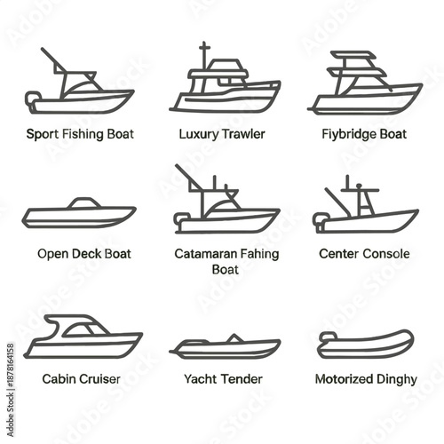 Outline icons of various modern boats on a gray background