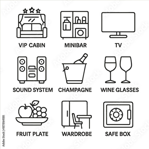 Luxury amenities icons: vip cabin, minibar, tv, sound system, champagne, and more
