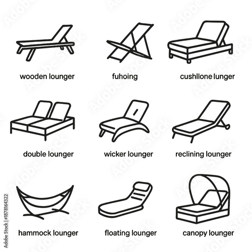 Modern lounger icons set: stylish furniture for indoor and outdoor relaxation