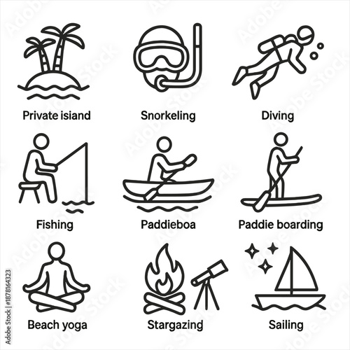 Adventure activities icons: snorkeling, diving, fishing, kayaking, stargazing