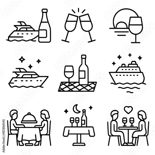Elegant wine and cruise line art icons for luxury travel and dining