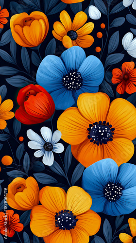 Lively and Expressive Floral Artwork Featuring Dense Array of Stylized Blooms in Vivid Orange, Golden Yellow, Cobalt Blue, and Crimson Hues Against Deep Botanical Backdrop