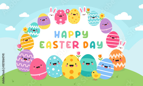 Vector Illustration of Funny Colorful Easter Eggs and Rabbit Frame in Cartoon Style.
