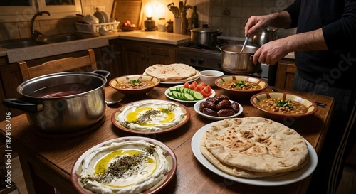 Ramadan suhoor preparation with traditional Arabic food in cozy kitchen