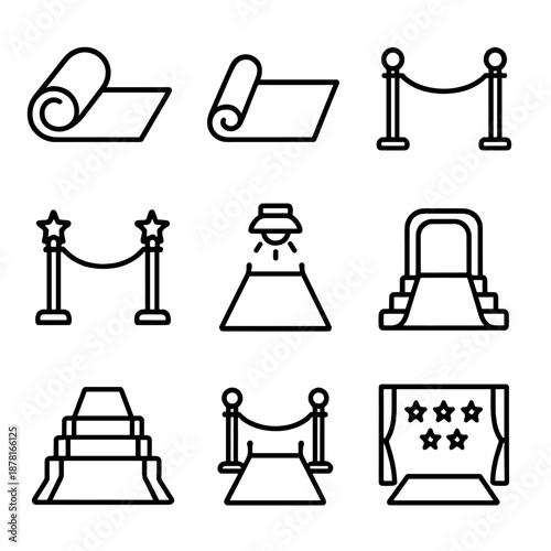 Red carpet icons set with ropes, stairs, and spotlights in minimalist design