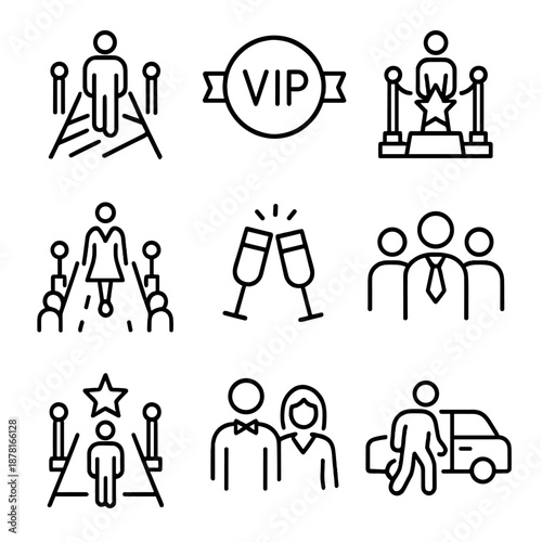 Vip luxury icons: superstar experience with fashion and celebration symbols
