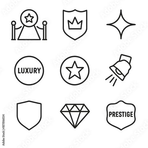 Minimalist luxury icons featuring diamond, star, crown, and spotlight designs