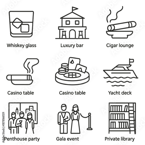 Icons of leisure: whiskey, yacht, casino, luxury bar, gala, cigar lounge, library