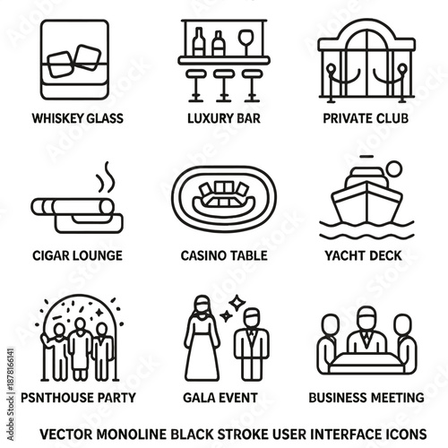 Luxury icons: whiskey, casino, yacht, and more for upscale events