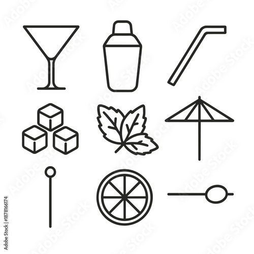 Minimalist cocktail icons set featuring glass, shaker, straw, and garnish elements