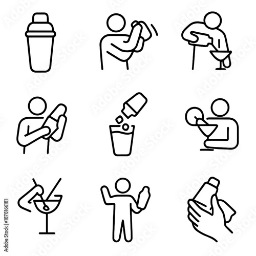 Outline icons of bartender shaking and pouring cocktails in minimalist style