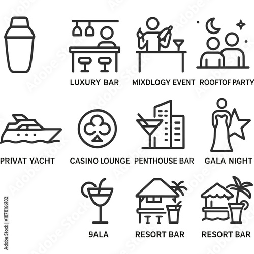 Elegant event icons for bars, parties, and luxury gatherings