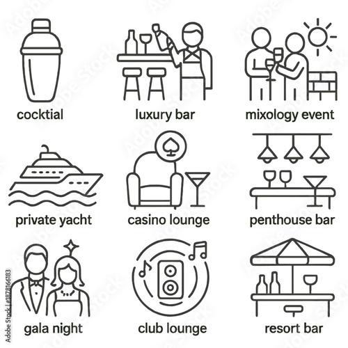 Luxurious bar and entertainment icons for upscale events and leisure activities