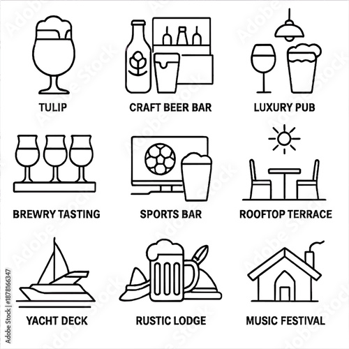 Modern bar icons featuring beer, wine, coffee, and entertainment venues
