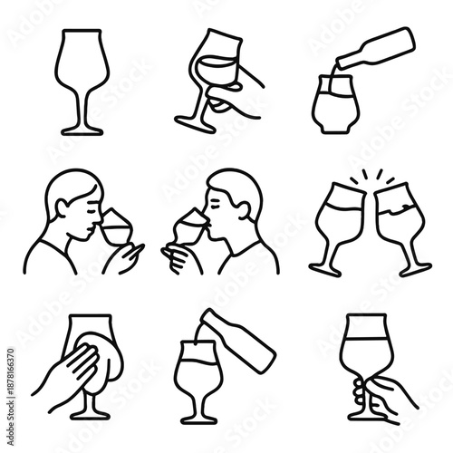 Minimalist wine tasting icons on dark background for modern design