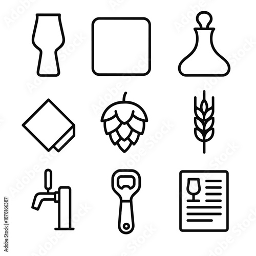 Craft beer icons set featuring glass, hops, and tap outlines on dark background