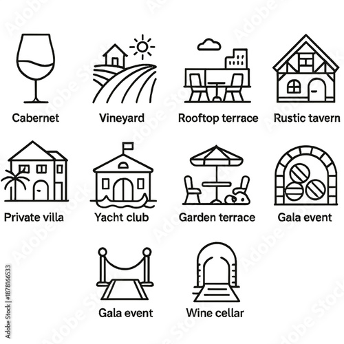 Wine icons: vineyard, rooftop, rustic tavern, yacht, garden, villa, cellar, gala
