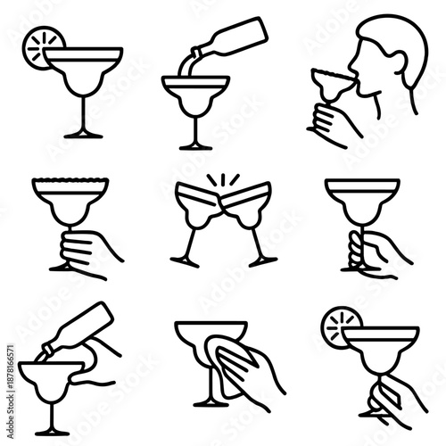 Cocktail glass icons set: celebrating drinks with creative outline illustrations