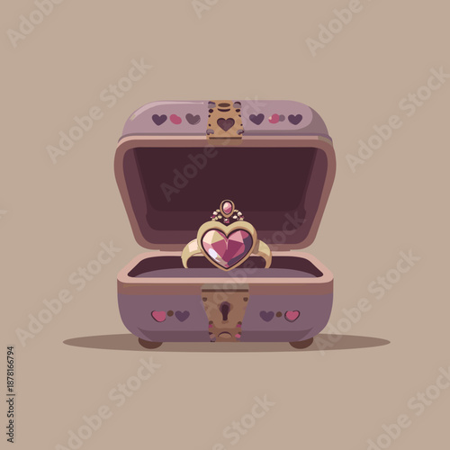 Open jewelry case with heart gemstone ring for engagement and romance in soft pastel illustration