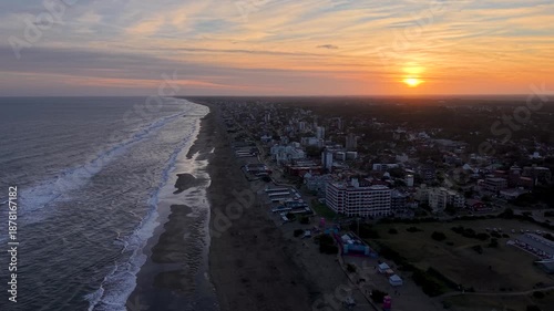 Aerial sunset view of Villa Gesell beach and coastline, Buenos Aires province, Argentina.